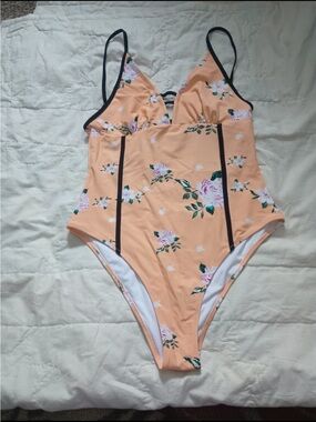 Cupshe White and Black Strappy Bikini with Peach Trim